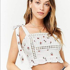 NEW Forever 21 Crop Top S Women Sleeveless White Floral Print Lace Trim Self Tie